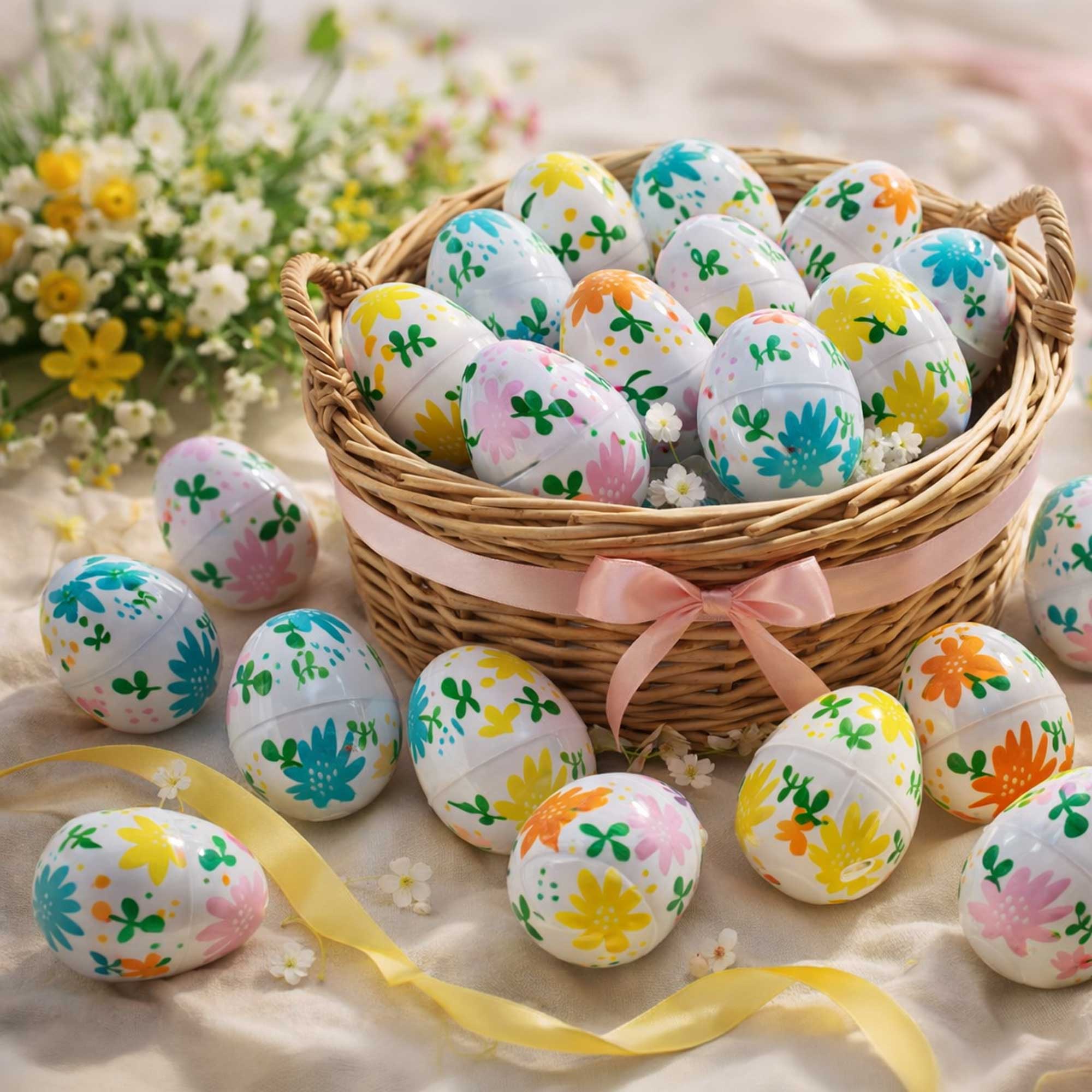 Set of 24 Flowers on White Plastic Easter Eggs, 2.25 Inches Each